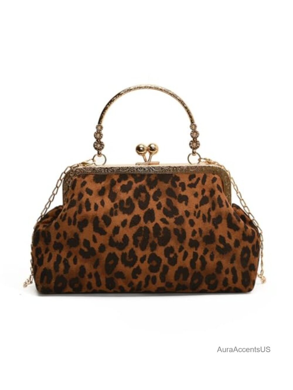 Faux Suede Leopard Kiss Lock Evening Clutch with Removable Chain